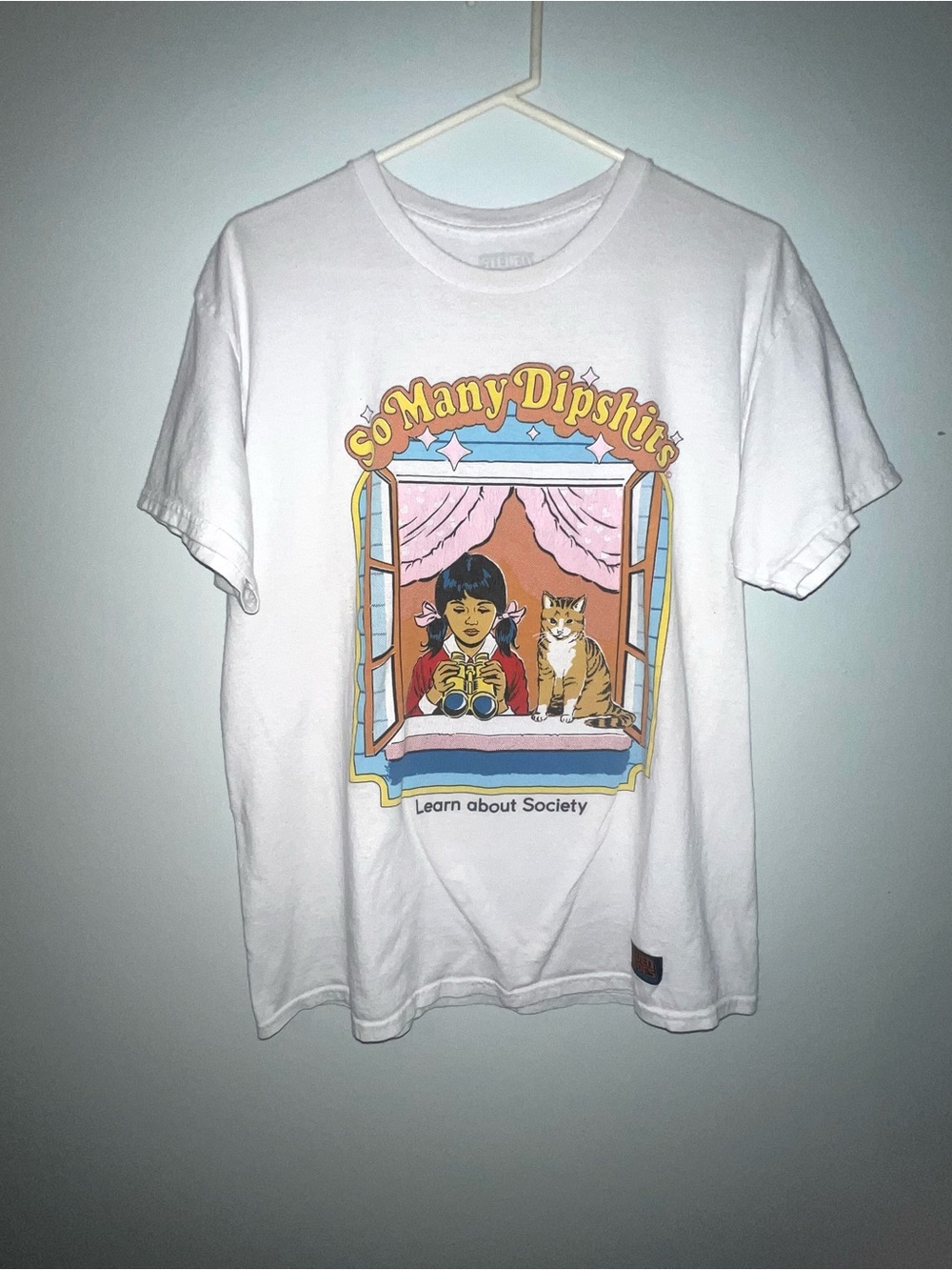 Steven Rhodes White Graphic Tee Funny Girl & Cat Learn About Society Size Large